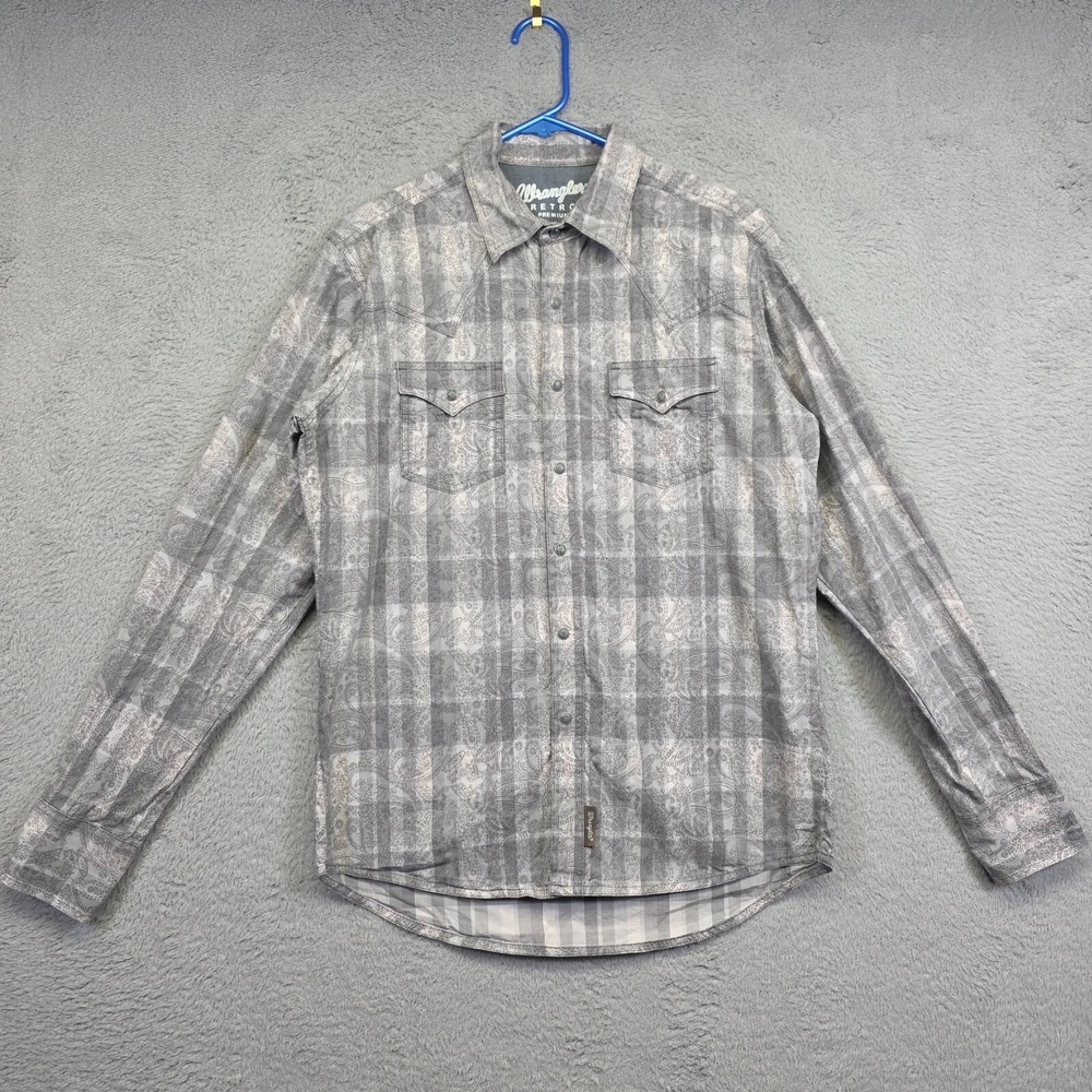 Wrangler Retro Premium Shirt Mens M Gray Paisley Plaid Western Cowboy Rodeo Work